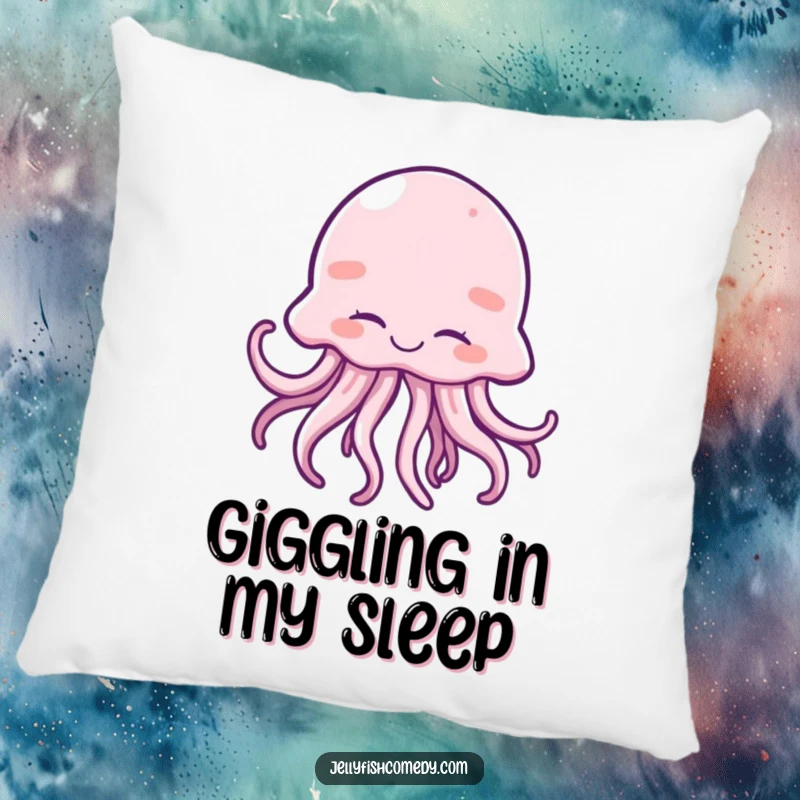 Funny pillow featuring a happy jellyfish giggling with closed eyes and wiggling tentacles for cozy joy.