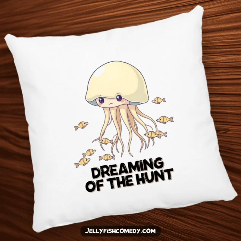 Funny Jellyfish Pillow: A plush cushion featuring a funny jellyfish playfully chasing fish, perfect for a humorous accent.