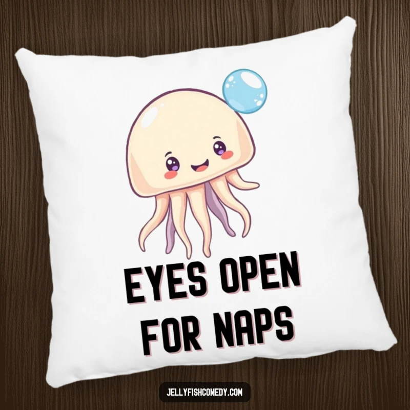Funny Pillow: A cheerful jellyfish with many grinning eyes playfully bounces a shiny bubble, offering cozy humor and decorative charm.