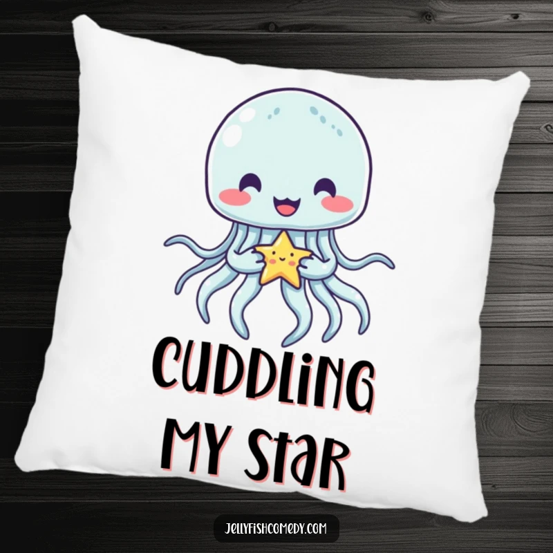 Funny jellyfish pillow featuring a cute, soft jellyfish happily holding a tiny star with its tentacles, radiating comfort and enchantment.
