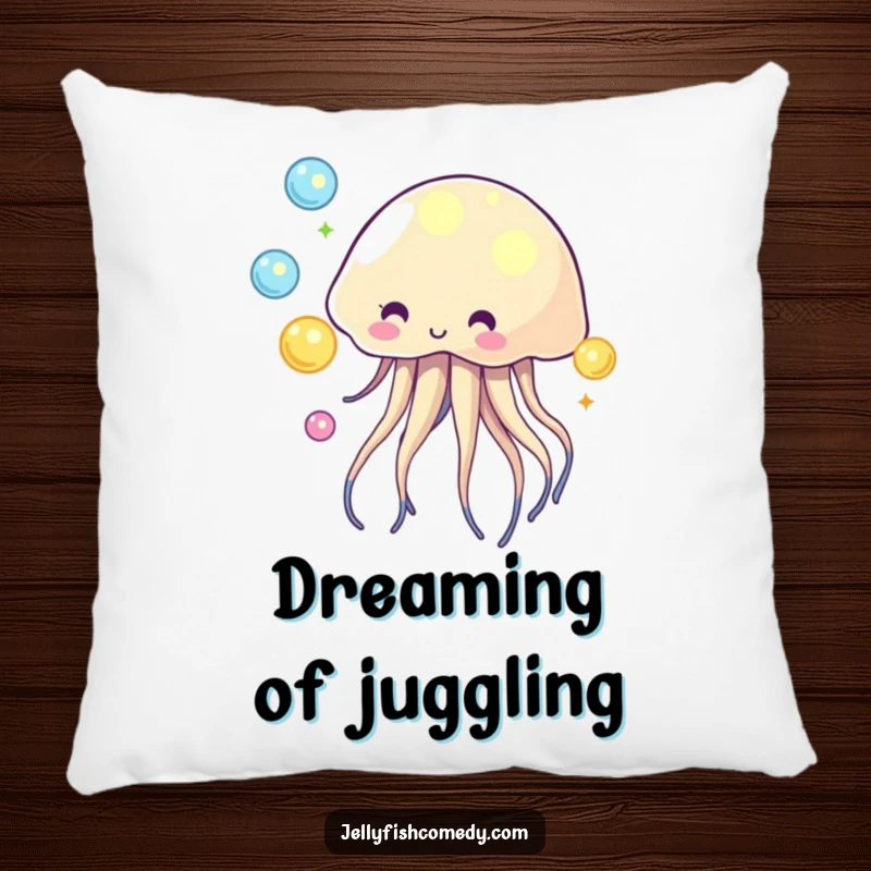 Funny pillow showcasing a charming jellyfish juggling glowing orbs, offering cozy, magical comfort.