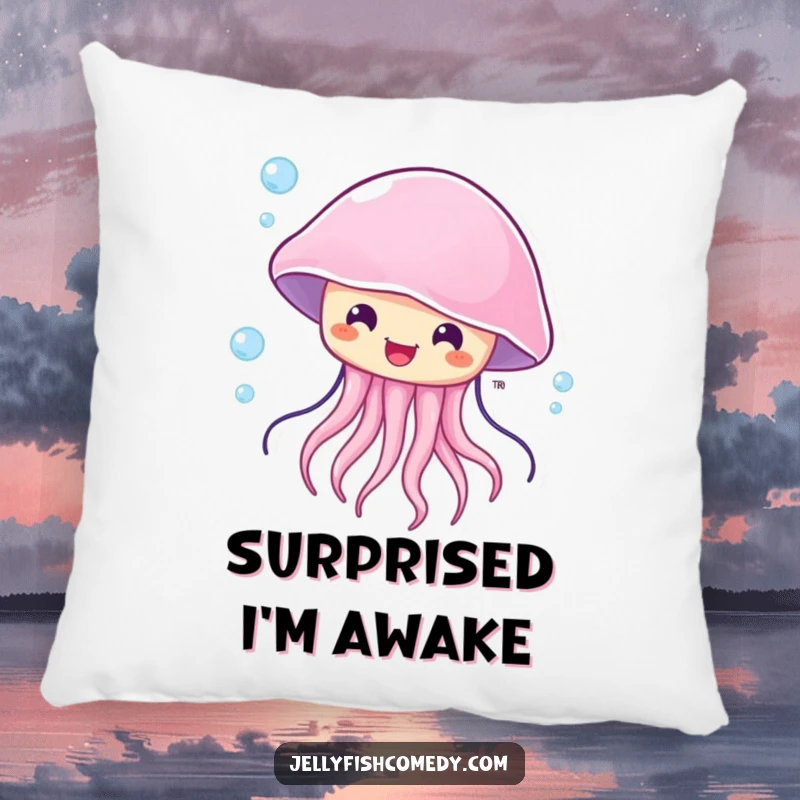 Funny surprised jellyfish pillow, showcasing a happy sea creature with wide eyes, being gently blown by a current.