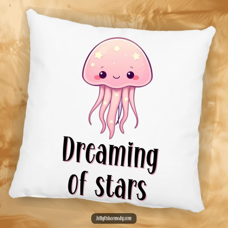 Funny kawaii jellyfish with twinkling starry patterns on a soft pillow, ideal for humorous comfort and decor.