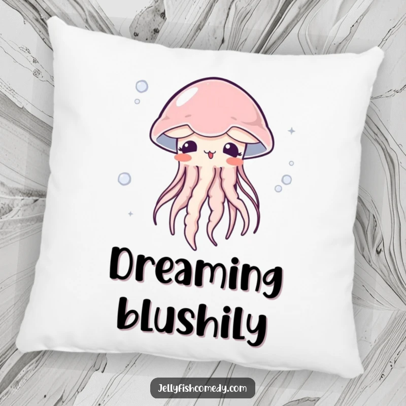 Funny surprised jellyfish pillow features a blushing jellyfish gently swept by a current, offering cozy ocean humor.