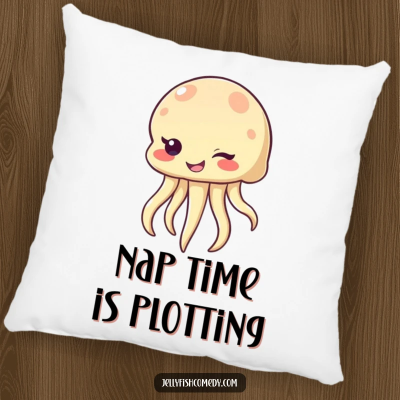 Funny winking jellyfish pillow, a sea creature with a mischievous smile and wink, providing soft comfort and playful humor.