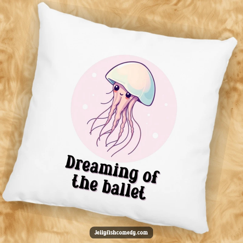 Funny pillow with a graceful jellyfish elegantly spinning in a circle, providing comfort and a touch of artistic amusement.