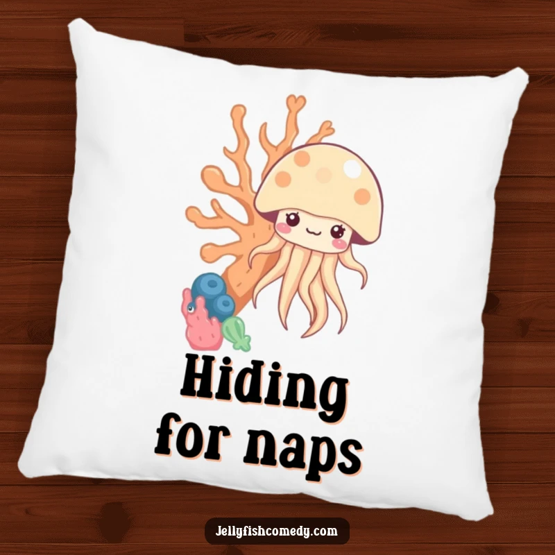 Funny kawaii jellyfish peeking from behind coral on a soft pillow, ideal for humorous comfort and decor.