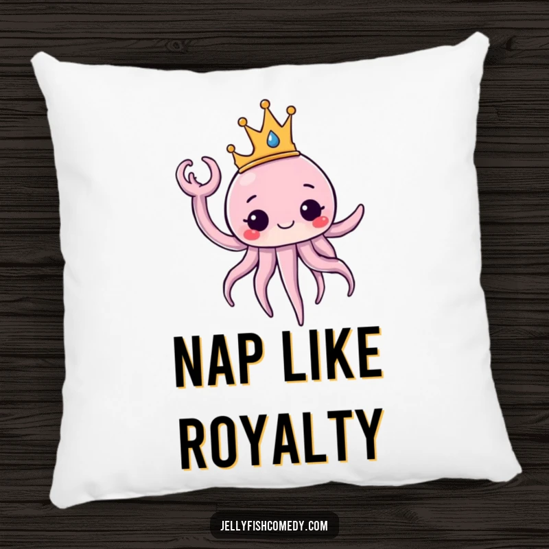 Funny Pillow designed with a jellyfish wearing a crown, waving regally. This cushion offers soft, majestic humor.