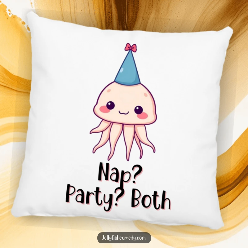 Funny pillow with a silly jellyfish wearing a small party hat, offering comfort and a humorous touch to any room.