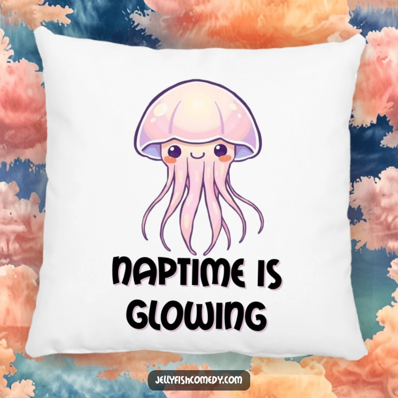 Funny Kawaii jellyfish pillow featuring a sea creature emitting a soft, happy light. Comfortable and humorous decor.