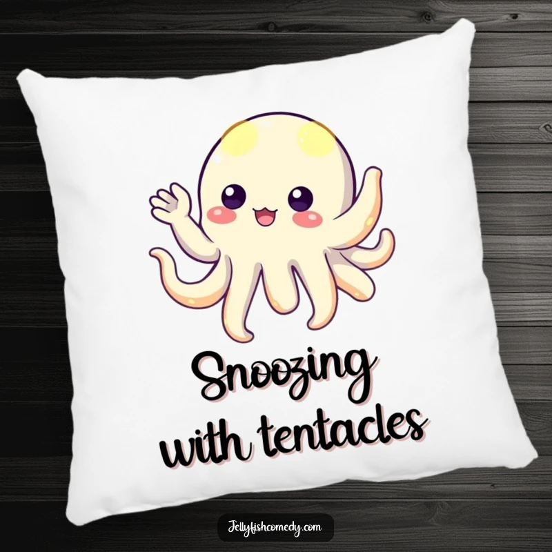 Funny floating creature with radiant, glowing tentacles, playfully waving hello, depicted on a soft and decorative pillow.