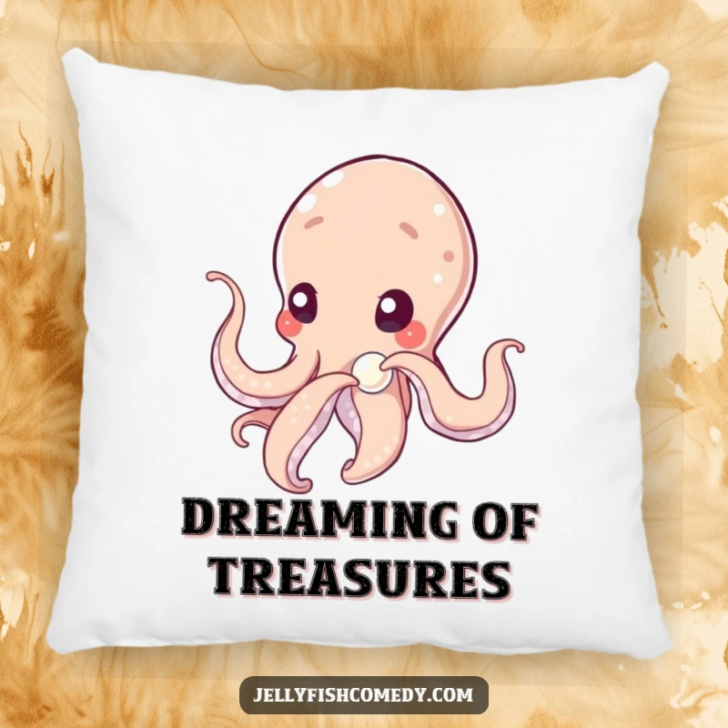 Funny tentacled being gently nudging a shimmering pearl with curiosity, depicted on a soft and decorative pillow.