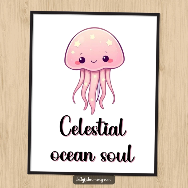 Funny kawaii jellyfish with twinkling starry patterns, a downloadable digital art print for humorous celestial decor.