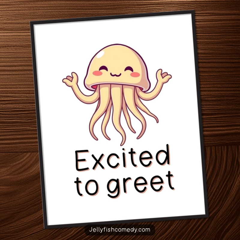 Funny jellyfish joyfully waving tentacle arms, a humorous digital art print for energetic decor.