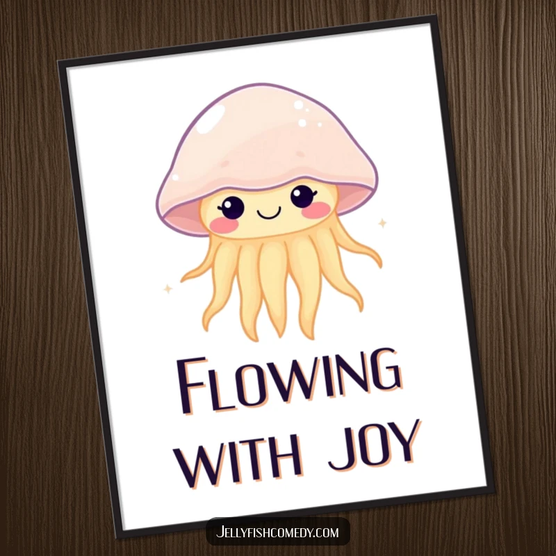 Funny kawaii jellyfish digital art print of a smiling, gently pulsing sea creature, perfect for serene home decor.