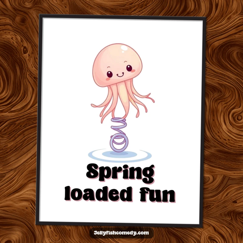 Funny Digital Art Print of a happy jellyfish energetically bouncing on a spring. This artwork brings dynamic fun.