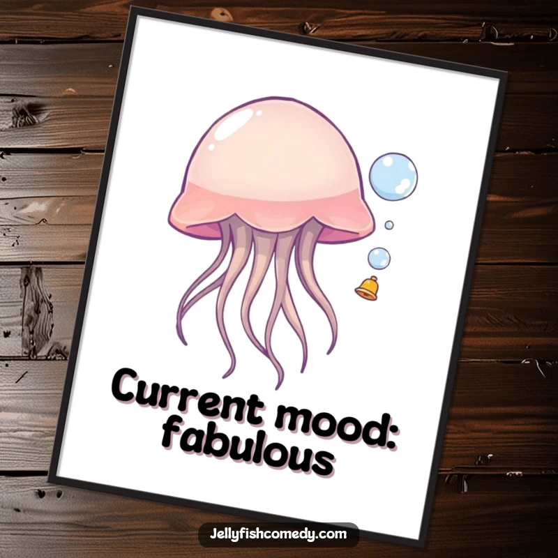 Funny jellyfish digital art print, a sea creature gleefully bouncing a bubble, capturing aquatic silliness for instant download and display.