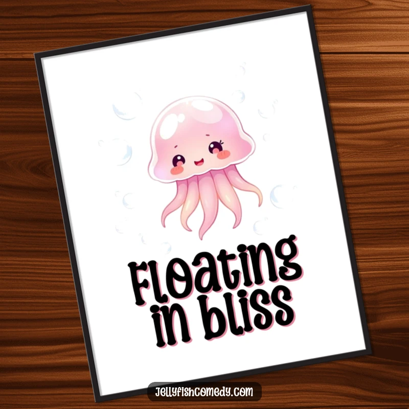 Funny transparent jellyfish happily floating amongst shimmering bubbles, a humorous digital art print for serene decor.