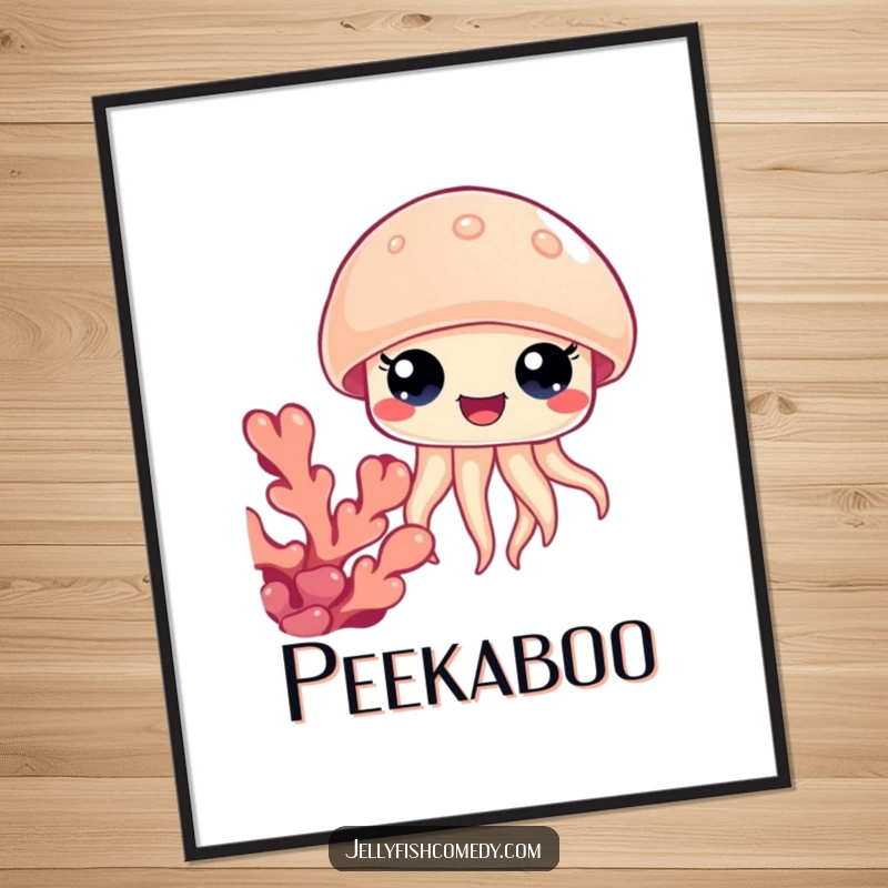 Funny jellyfish coral digital art print, wide happy eyes peeking from behind coral, bringing cartoon wonder.