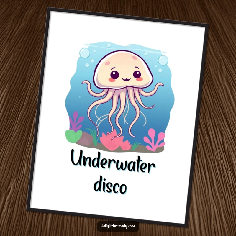 Funny digital art print of a silly jellyfish dancing underwater, its tentacles swirling energetically in a humorous and lively scene.