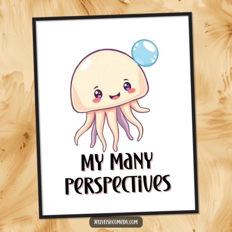 Funny Digital Art Print: A delightful jellyfish with numerous smiling eyes playfully bounces a radiant bubble, capturing pure joy and humor.