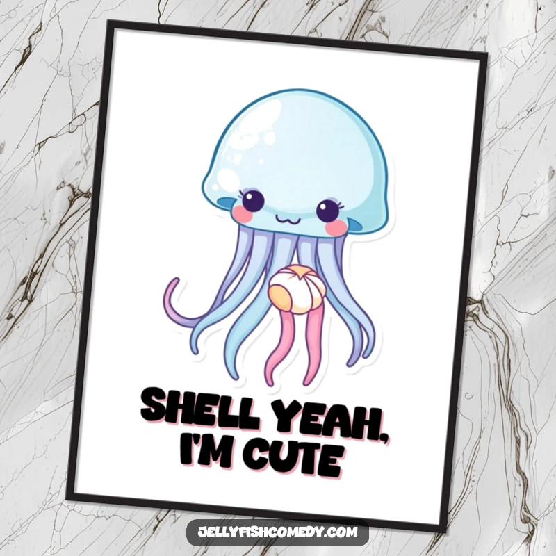 Funny jellyfish digital art print, a sea creature gently holding a tiny seashell, perfect for instant download and serene, coastal decor.