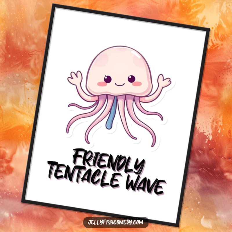 Funny jellyfish digital art print of a creature with cheerfully waving tentacles, perfect for instant friendly decor.