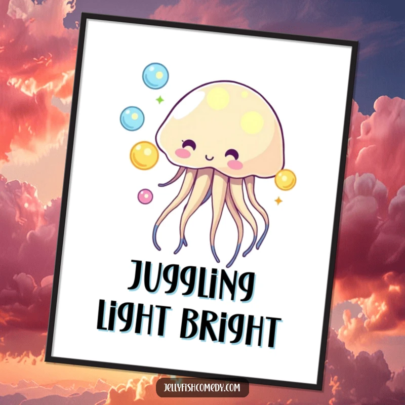 Funny digital art of a jellyfish artistically juggling glowing orbs, creating a dazzling underwater scene.
