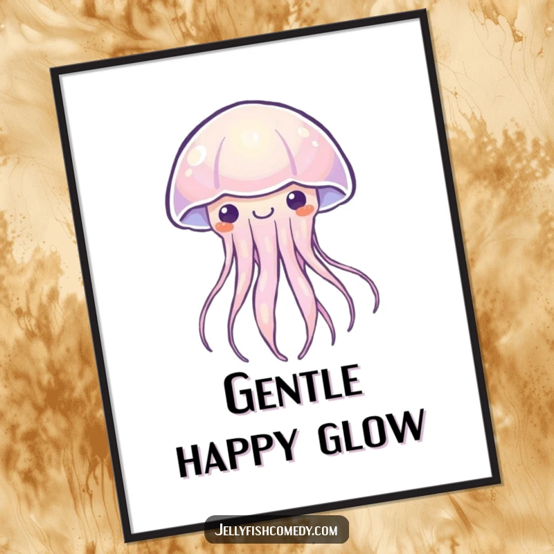 Funny Kawaii jellyfish digital art print of a creature softly pulsing with a warm, happy light. Instant download for serene humor.