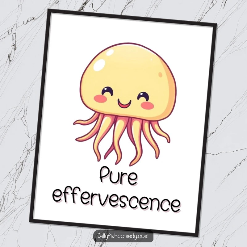 Funny Digital Art Print of a beaming, cheerful jellyfish floating happily. This artwork brings vibrant ocean joy.