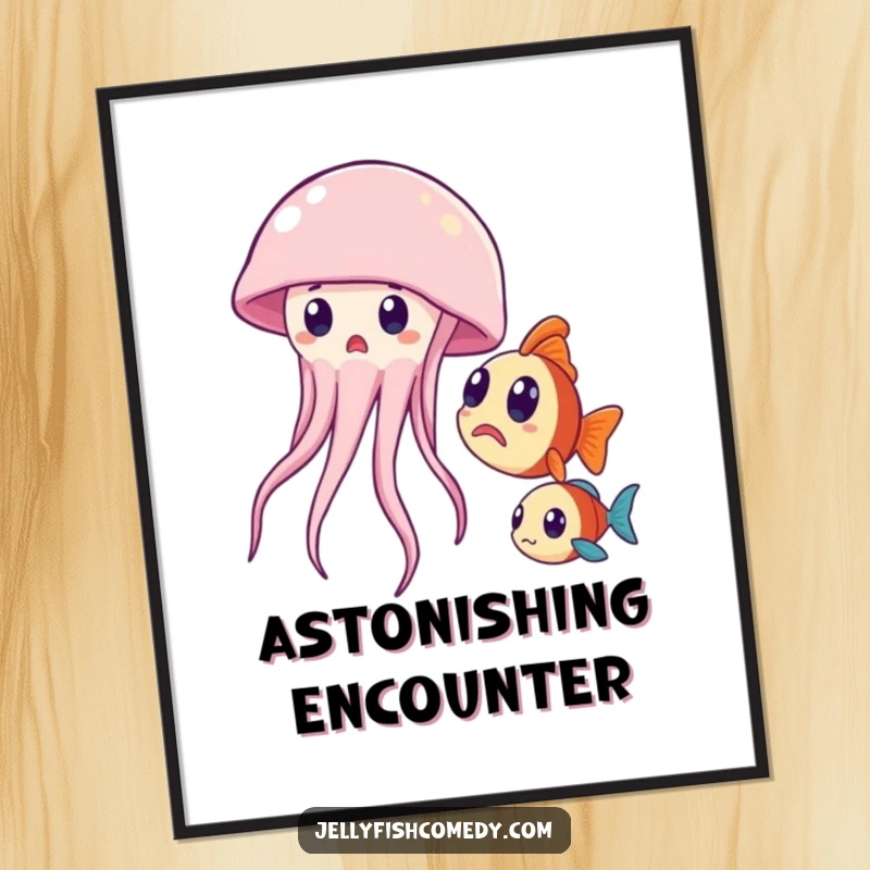 Funny digital art print of a surprised jellyfish and curious fish, offering instant humor for home decor.
