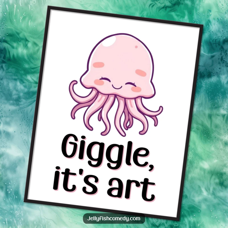 Funny digital art of a happy jellyfish giggling with eyes closed and tentacles wiggling, radiating joy.