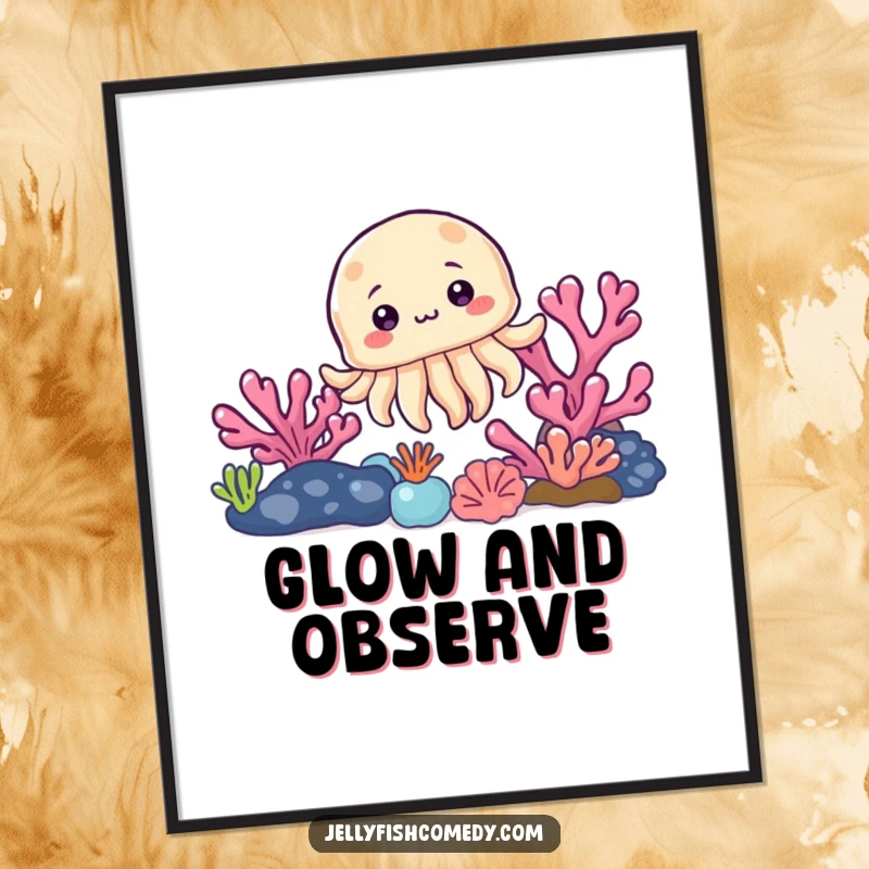 Funny digital art print of a curious jellyfish peeking from behind a vibrant coral reef, perfect for printing and display.