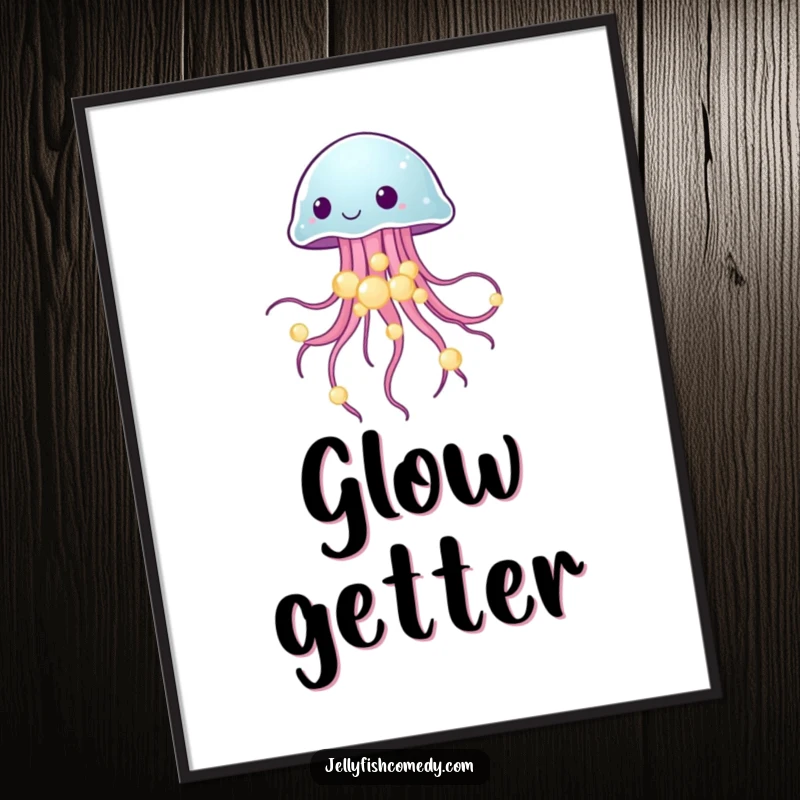 Funny digital art print of a jellyfish gracefully balancing glowing sea pearls, ready for download.