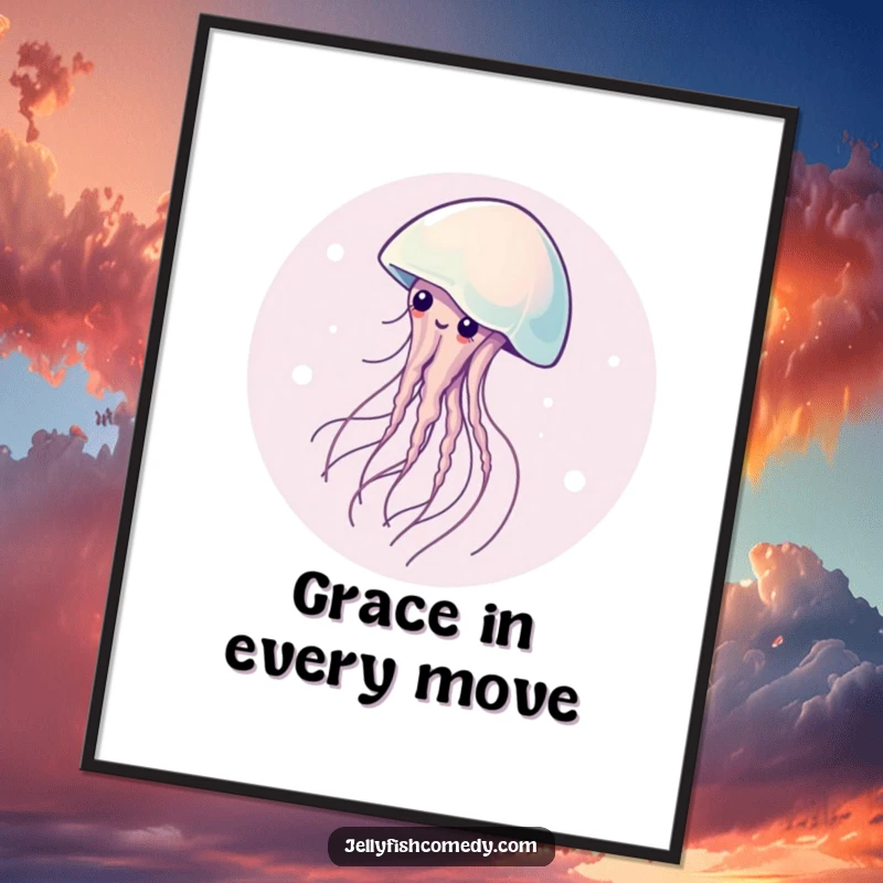 Funny digital art print of a graceful jellyfish caught in an elegant, continuous spin, bringing serene artistry and humor indoors.