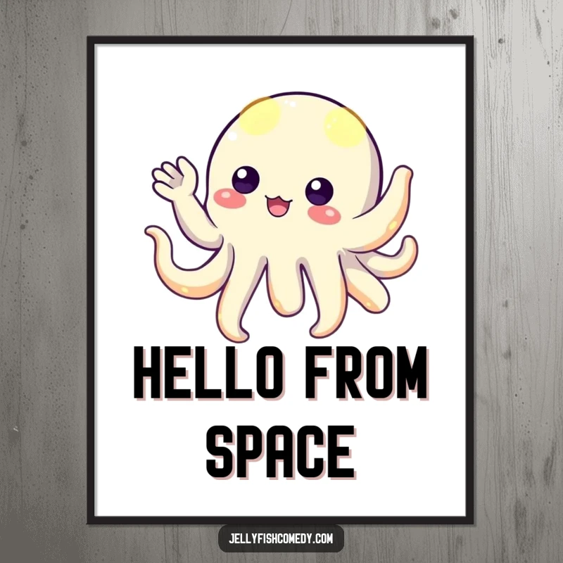 Funny floating creature with luminous, glowing tentacles, playfully waving hello, a mesmerizing digital art print for instant decor.