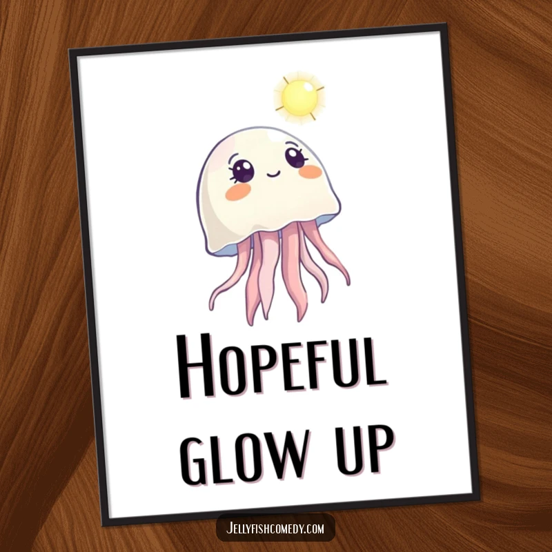 Funny digital art print of a jellyfish looking up with wonder at a distant light, ready for download.