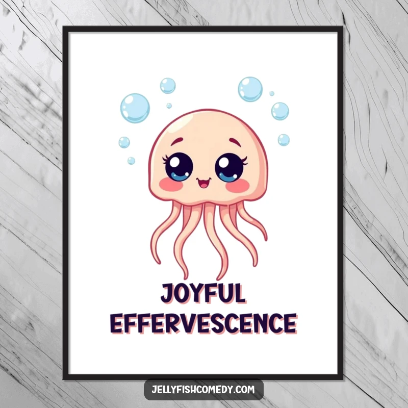 Funny digital art print of a giggling jellyfish surrounded by bubbles, bringing instant happiness and charm.