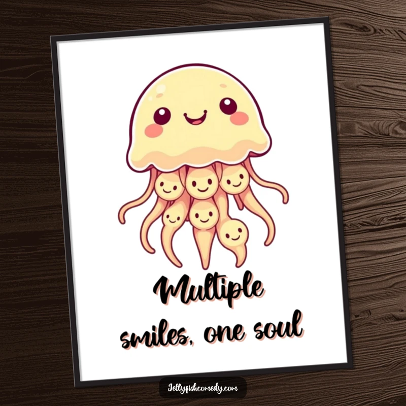 Funny Kawaii Jellyfish Digital Art Print of a jellyfish with multiple smiley faces on its bell, instant download.