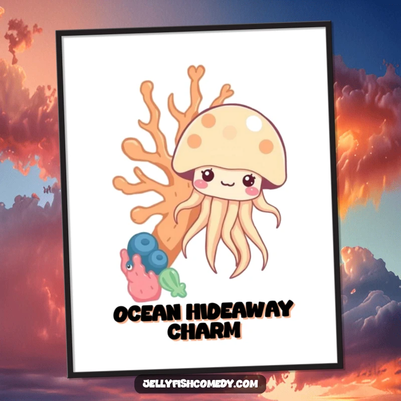 Funny kawaii jellyfish peeking from behind coral, a downloadable digital art print for humorous underwater decor.