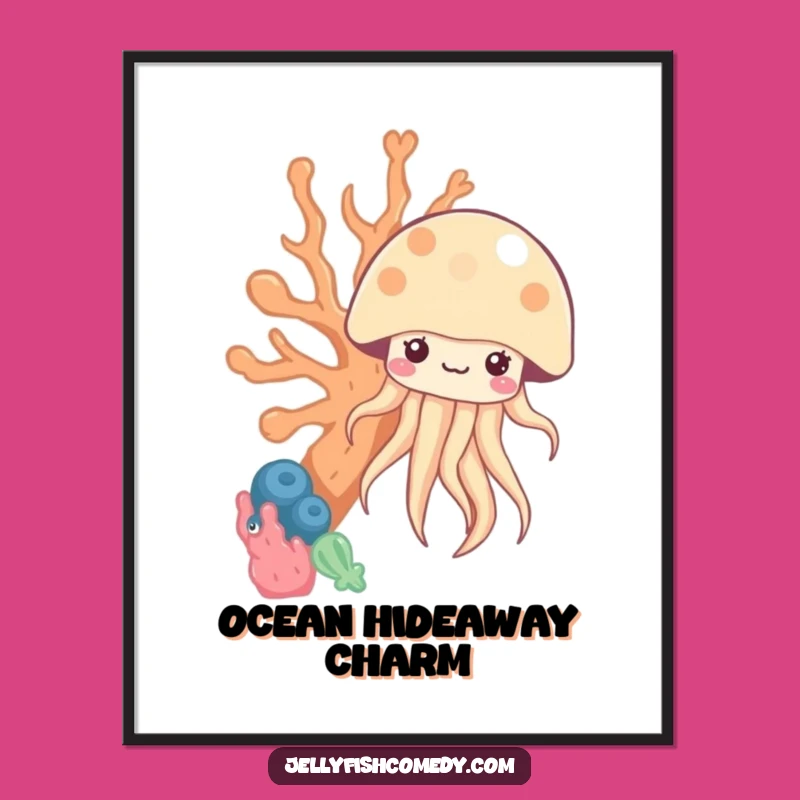 Funny Peekaboo Jellyfish Digital Art - Kawaii Under the Sea Coral Print