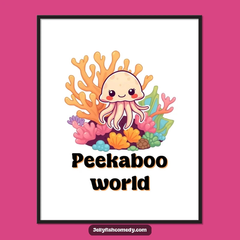 Funny Jellyfish Coral Peek Digital Art: Charming Underwater Print for Instant Whimsy