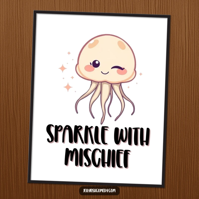 Funny Digital Art Print: A jellyfish winks with one eye, trailing shimmering sparkles, exuding mischievous humor and playful charm.