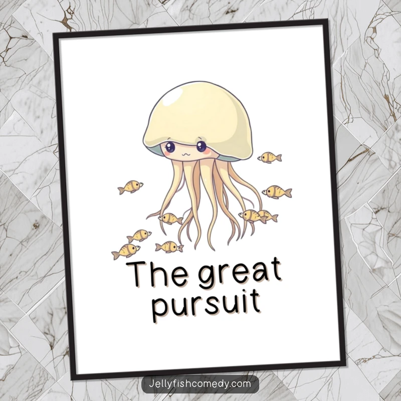 Funny Jellyfish Digital Art Print: A high-resolution image of a jellyfish playing chase with tiny fish, full of funny energy.