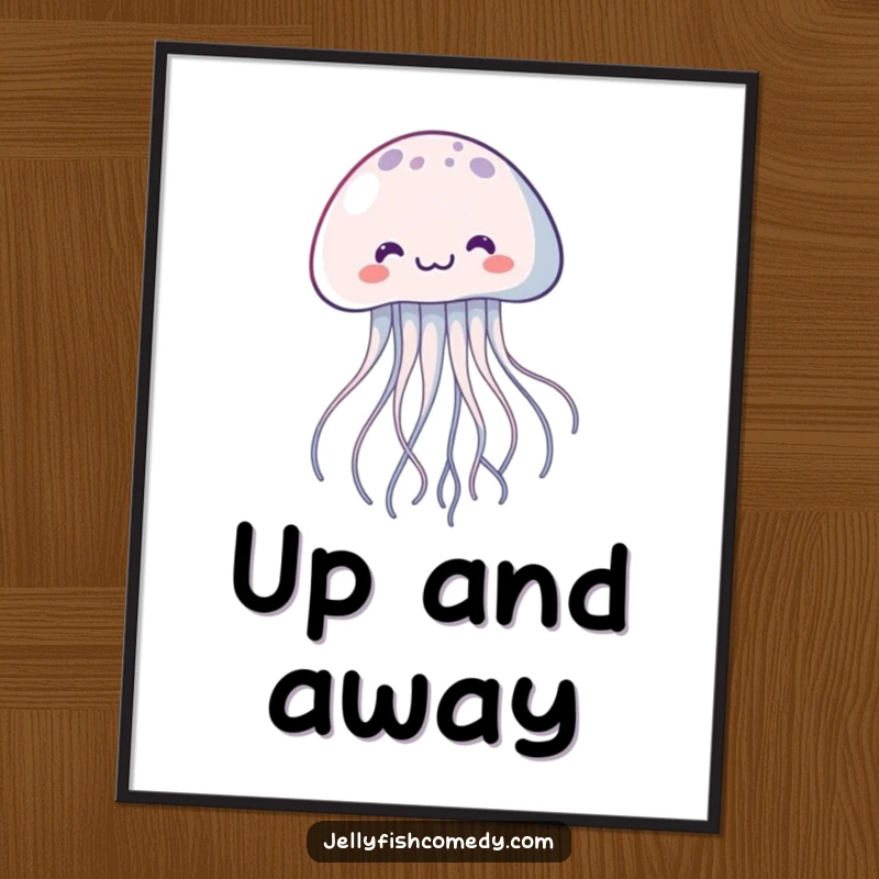 Funny kawaii jellyfish digital art print, a joyful floating creature with trailing tentacles, bringing cartoon wonder.