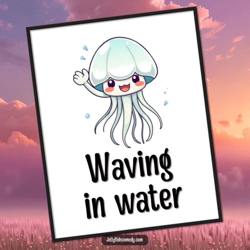 Funny waving jellyfish digital art print, capturing dynamic aquatic motion and splash, instant downloadable artwork for energetic decor.