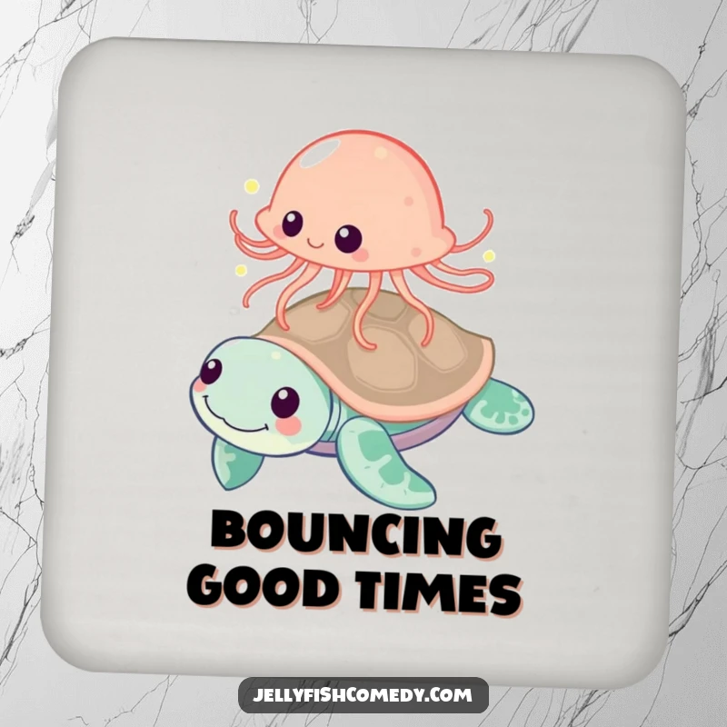 Funny jellyfish playfully bouncing off a friendly sea turtle, a humorous and protective drink coaster.