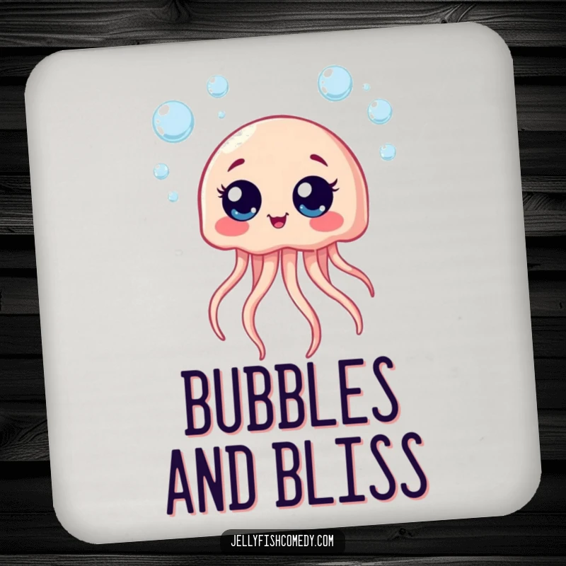 Funny drink coaster with a giggling jellyfish and bubbles, adding a touch of joy to tabletops.