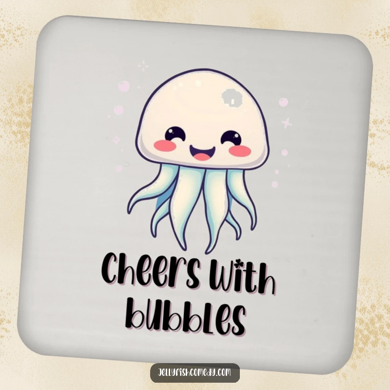 Funny Kawaii Jellyfish Coaster featuring a jellyfish with a big smile and radiating bubbly energy, perfect for drinks.
