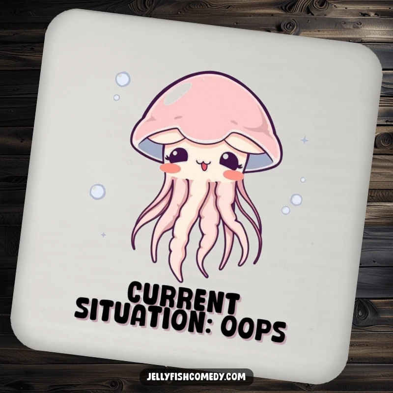 Funny surprised jellyfish drink coaster features a blushing jellyfish caught in a current, adding ocean charm to table protection.